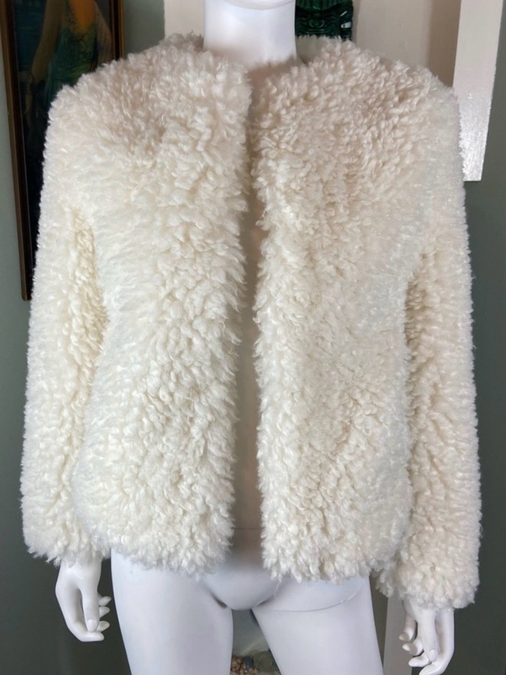 Zara Collarless Cream White Faux Fur Shearling Shaggy Mongolian Teddy Coat XS